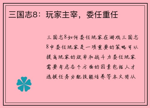 三国志8：玩家主宰，委任重任