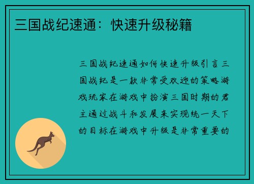 三国战纪速通：快速升级秘籍